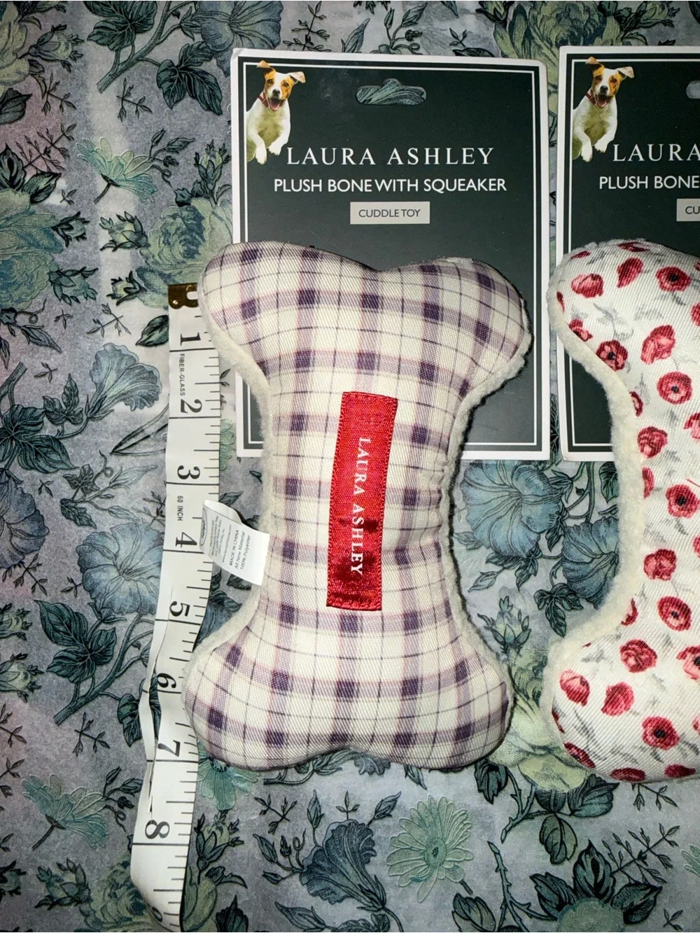 NWT Laura Ashley Plush Bone Squeaker Dog Toy Bundle Set of 2 Floral Plaid